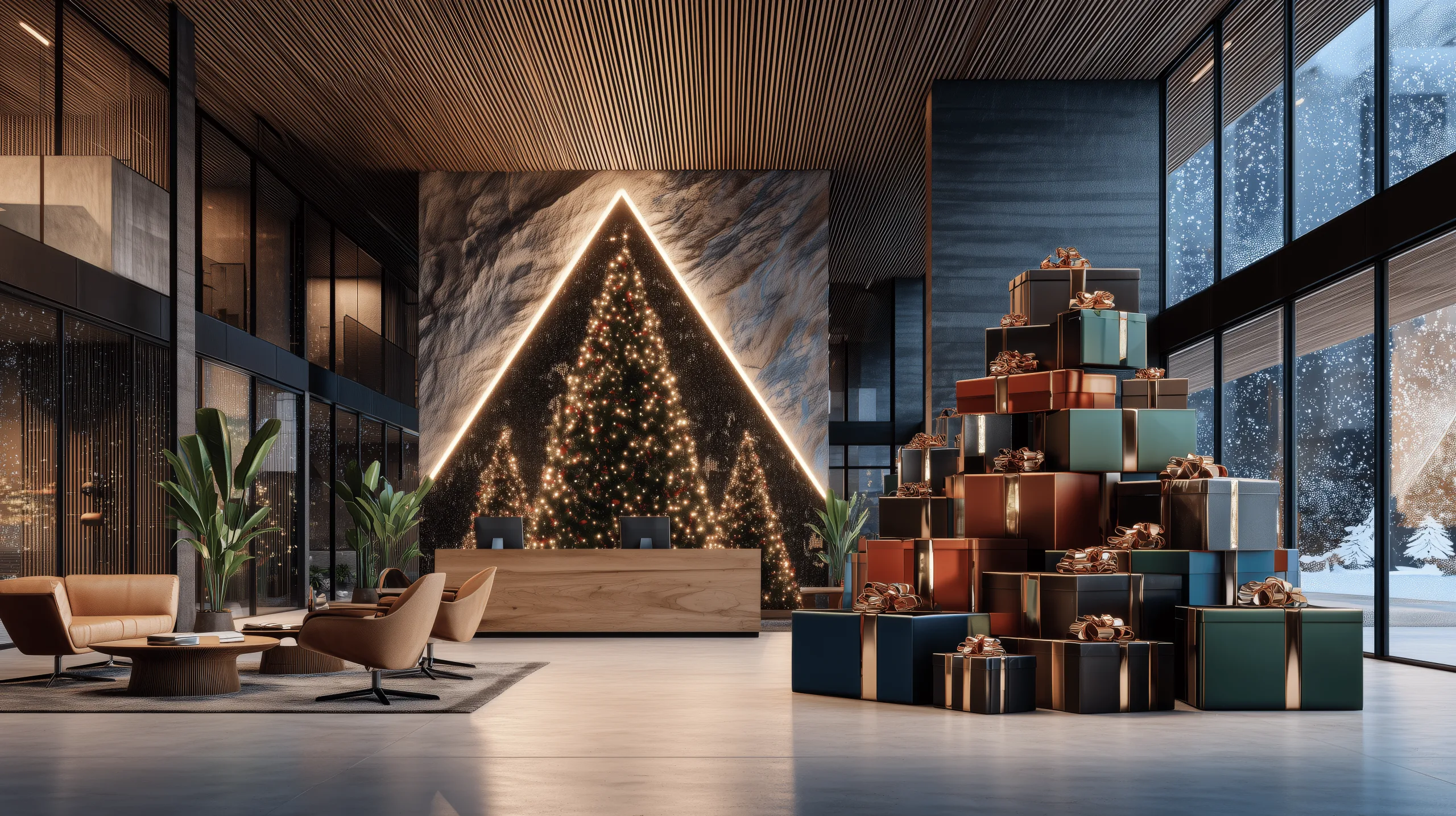 Новорічна ялинка з подарункових коробок у сучасному офісі — корпоративні подарунки 2025