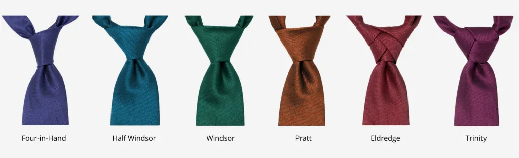 Six popular tie knots: Four-in-Hand, Half Windsor, Windsor, Pratt, Eldredge and Trinity in different colors. How to tie a tie correctly